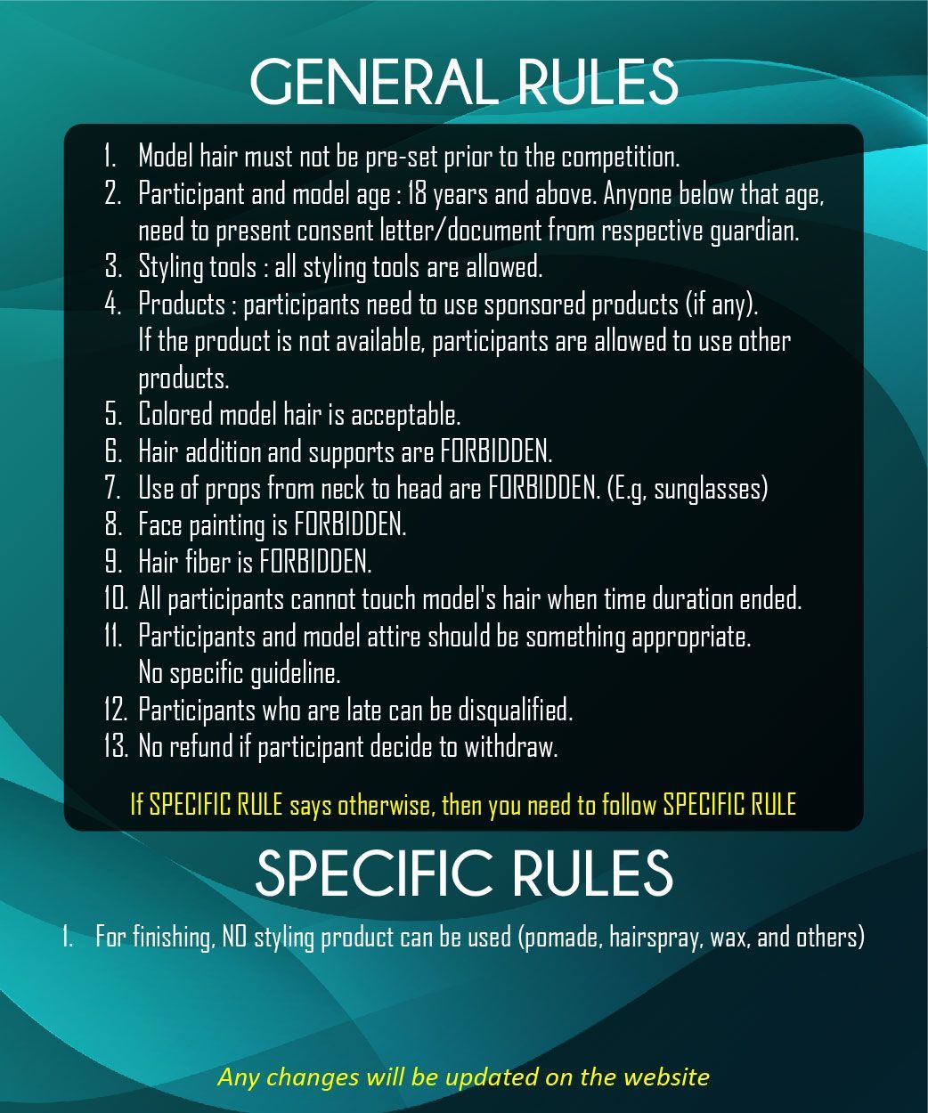 A poster with general rules and specific rules on it