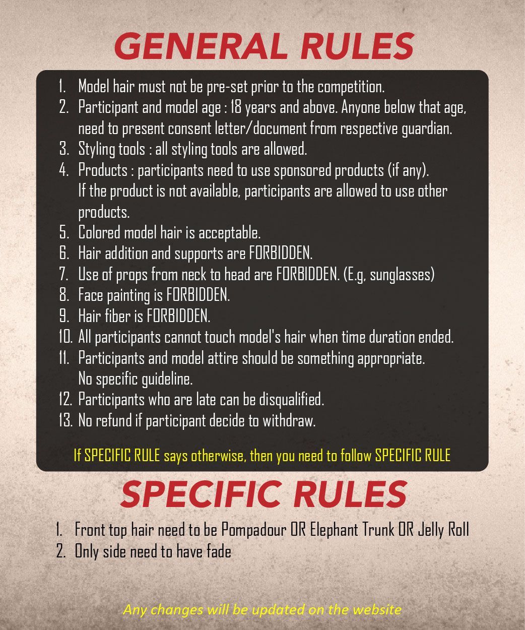 A poster with general rules and specific rules on it