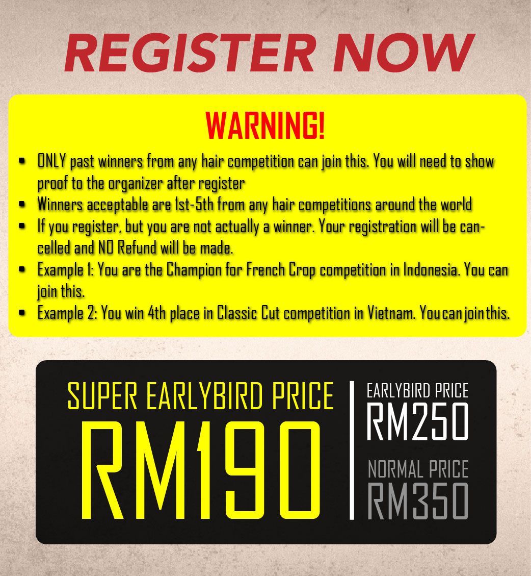 A sign that says register now warning super earlybird price rm190 normal price rm350