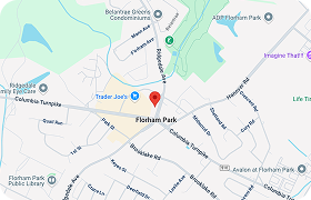 Map of Florham Park, New Jersey, with a red marker indicating a location near Columbia Turnpike and Ridgedale Avenue, close to Trader Joe's and the park.