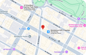 Map of Midtown Manhattan showing the location of Nordstrom NYC Flagship store near the intersection of Broadway and W 57th St.