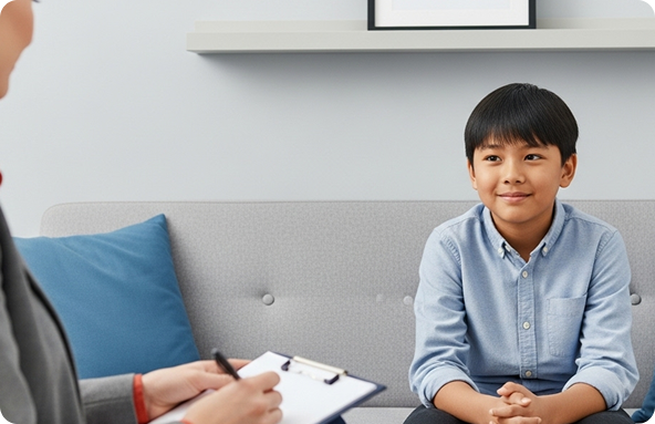 Boy in blue shirt smiles, sitting on a gray couch while a person takes notes on a clipboard.