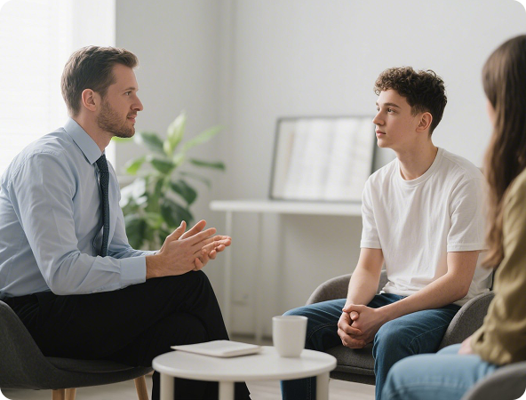 A woman gestures while speaking to a boy; both are seated on a couch, with the boy appearing sad.