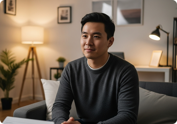 Asian man seated on a sofa in a well-lit room, looking off-camera with a slight smile. He wears a gray sweater.