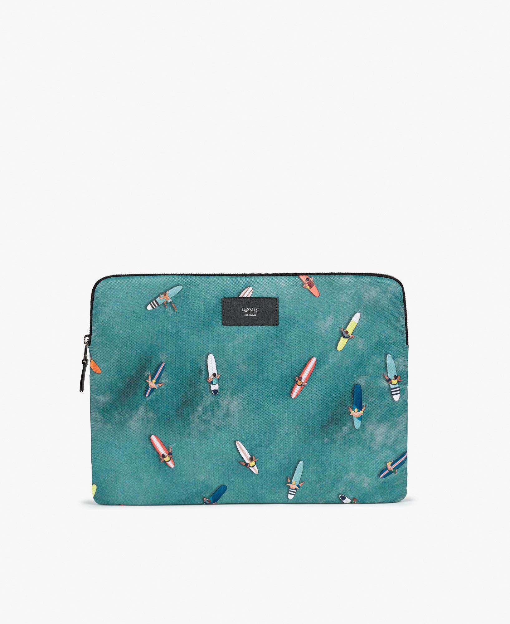Eine Laptoptasche mit einem Surfbrettmuster darauf.