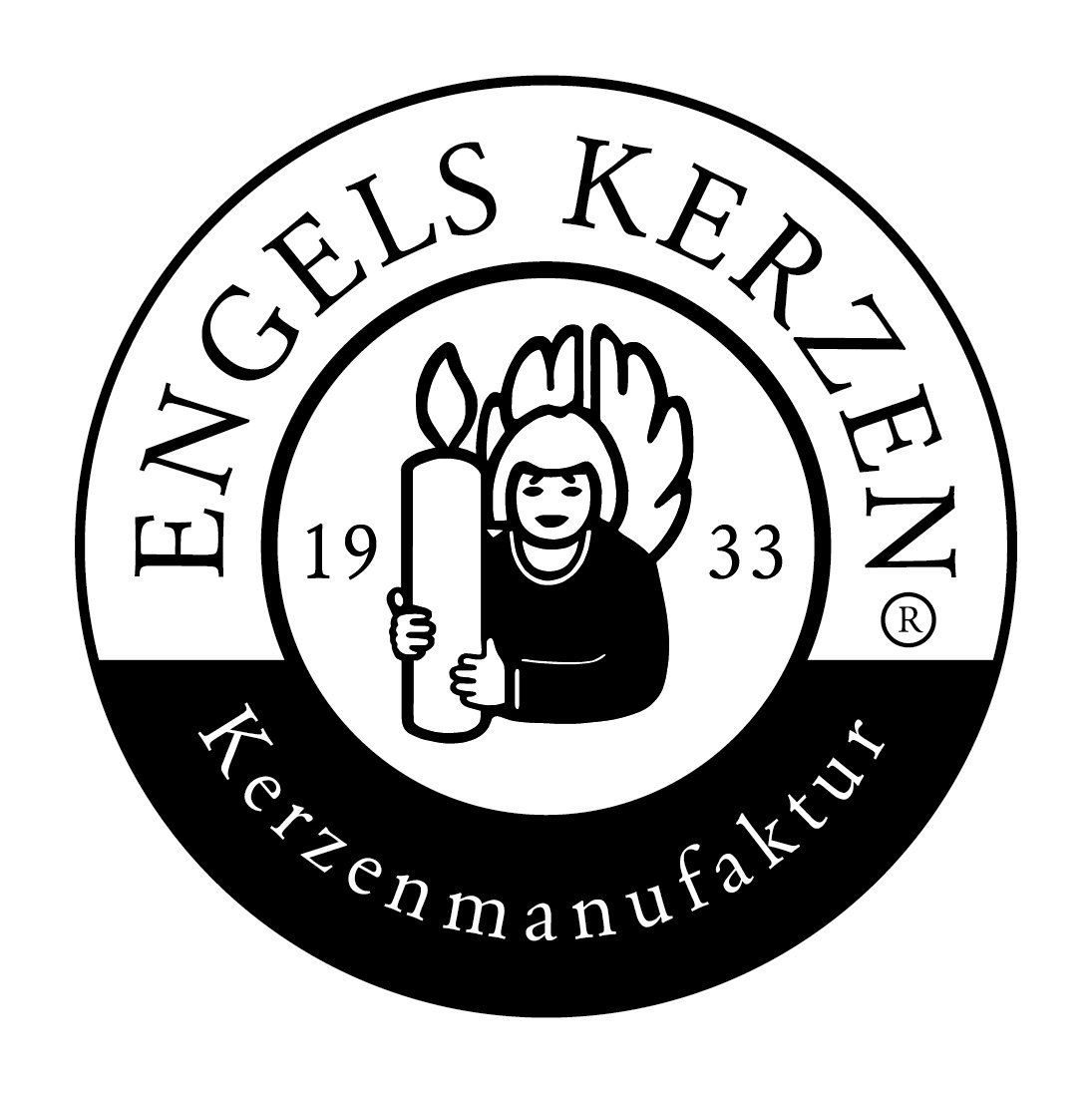 Ein schwarz-weißes Logo für Engels Kerzen zeigt eine Frau, die eine Kerze hält.