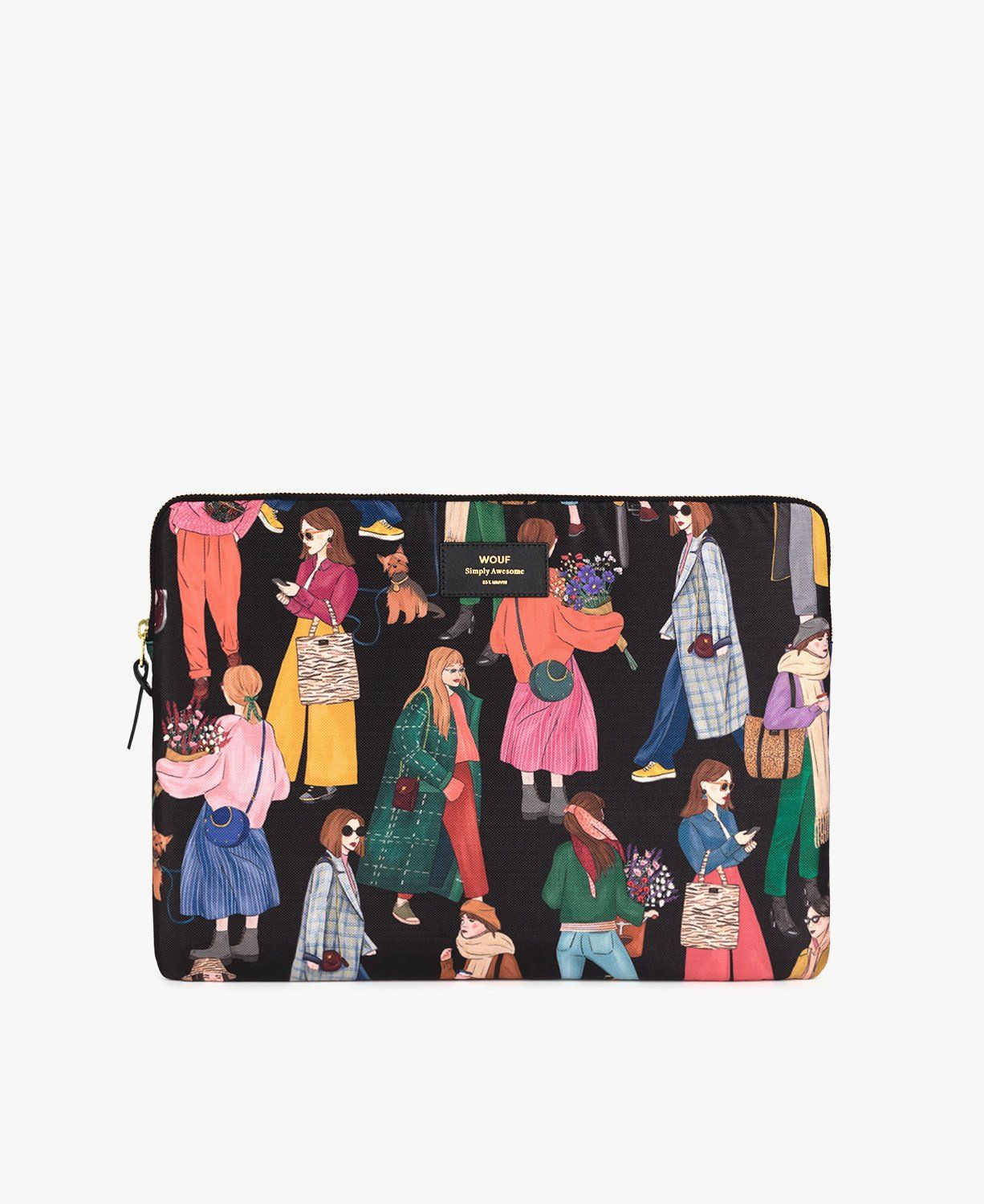 Eine schwarze Brieftasche mit einem Menschenmuster darauf.