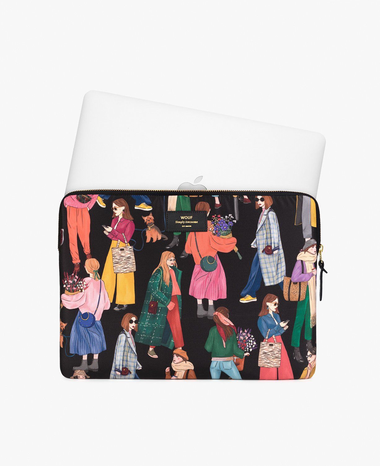 Eine Laptoptasche mit einem Muster von Menschen und Hunden darauf.