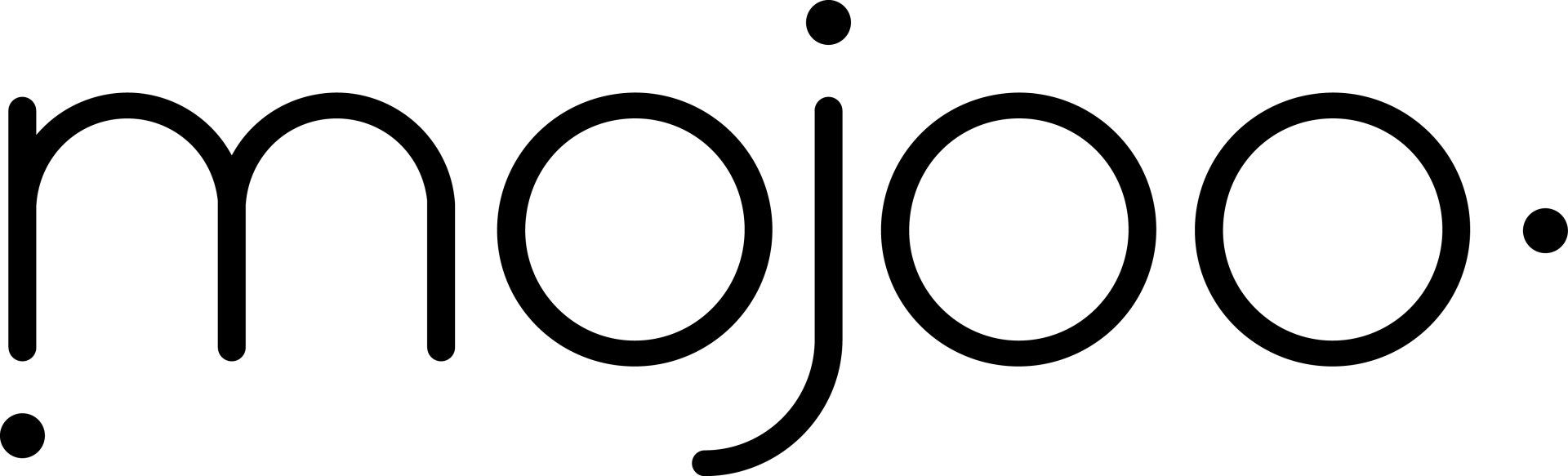 Ein schwarzweißes Logo für Mojoo auf weißem Hintergrund.