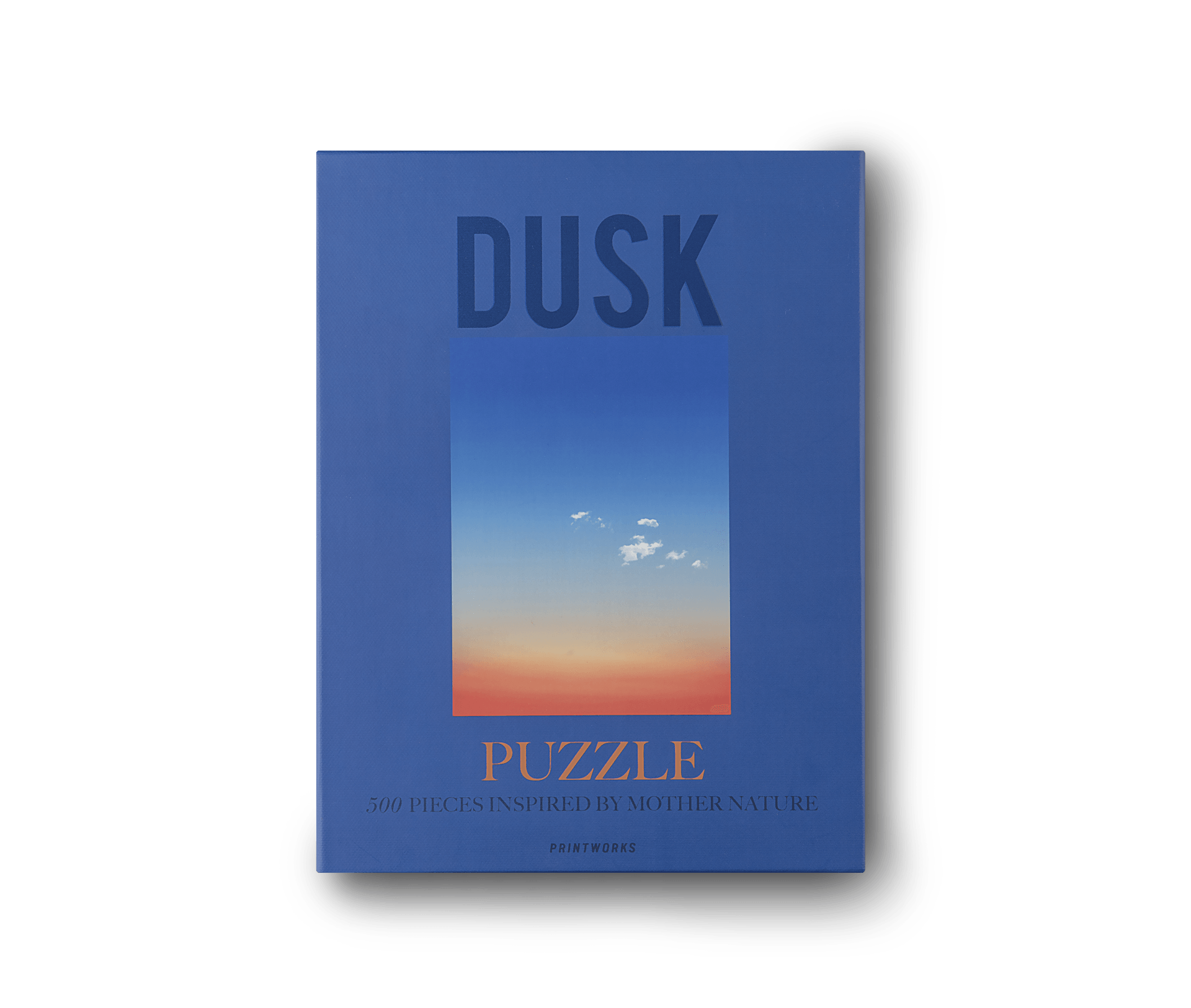 Ein blaues Puzzle mit einem Bild eines Sonnenuntergangs darauf.