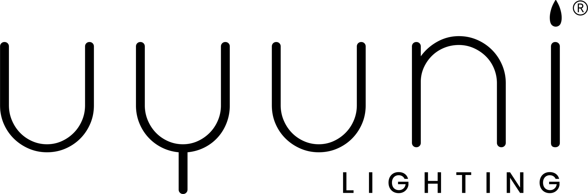 Ein schwarzweißes Logo für Uyuni Lighting auf weißem Hintergrund.
