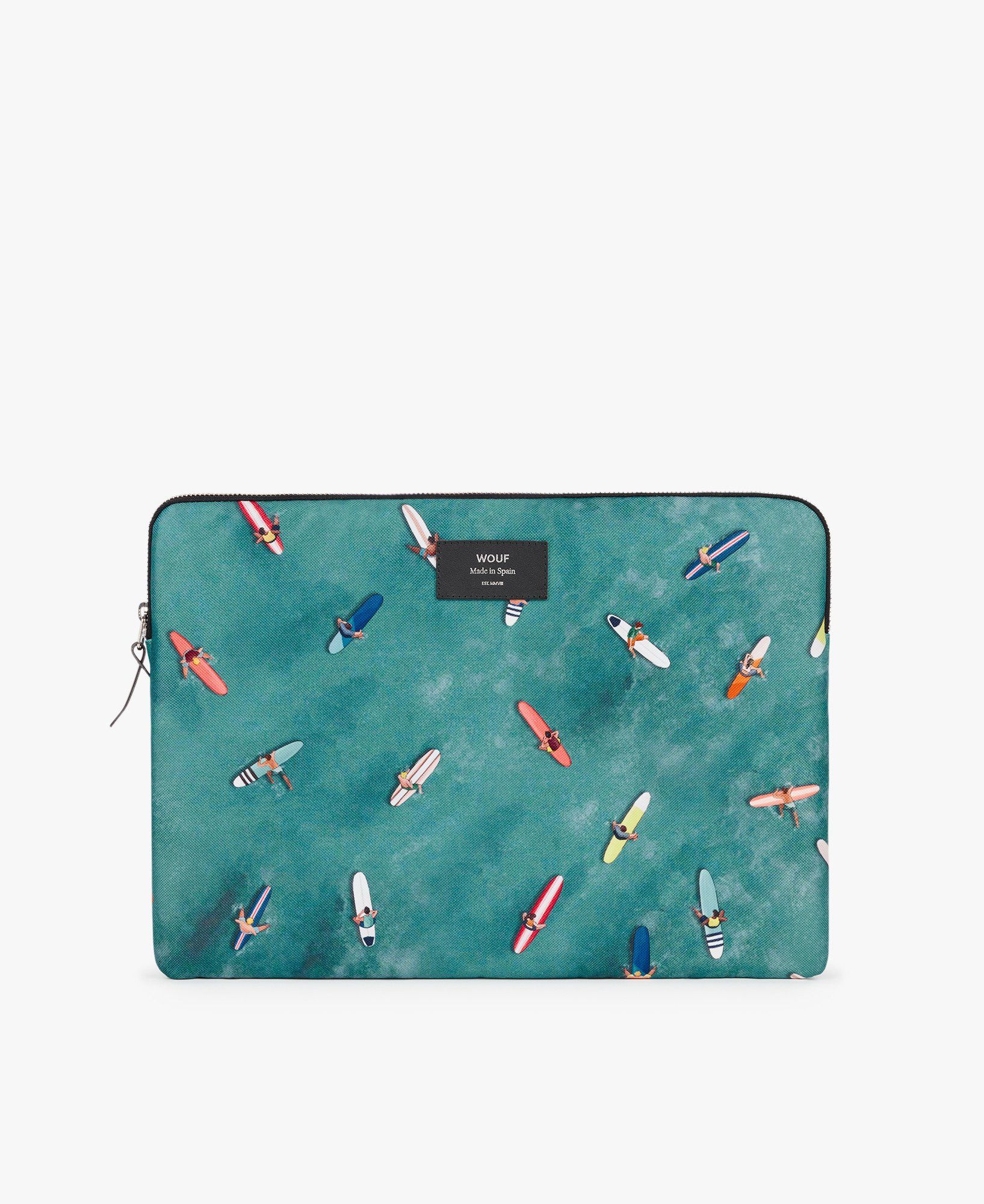 Eine Laptoptasche mit einem Surfbrettmuster darauf.