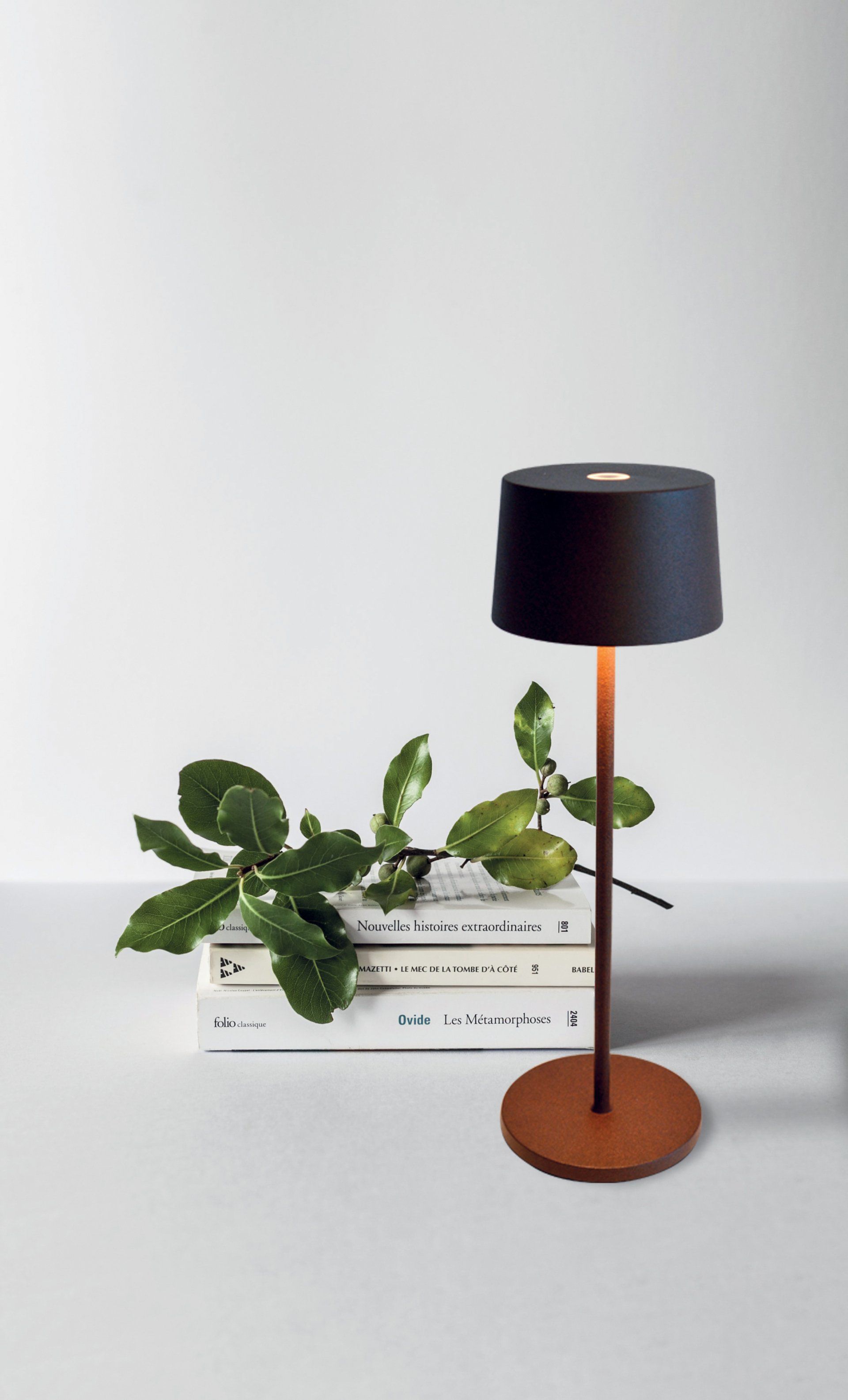 Auf einem Stapel Bücher steht eine Lampe.