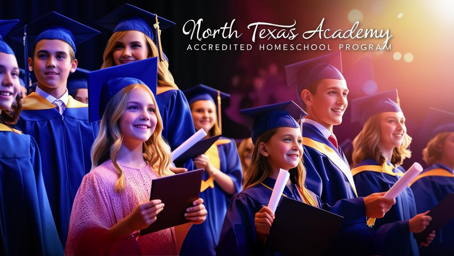 Graduating students in blue gowns holding diplomas. North Texas Academy logo at the top.