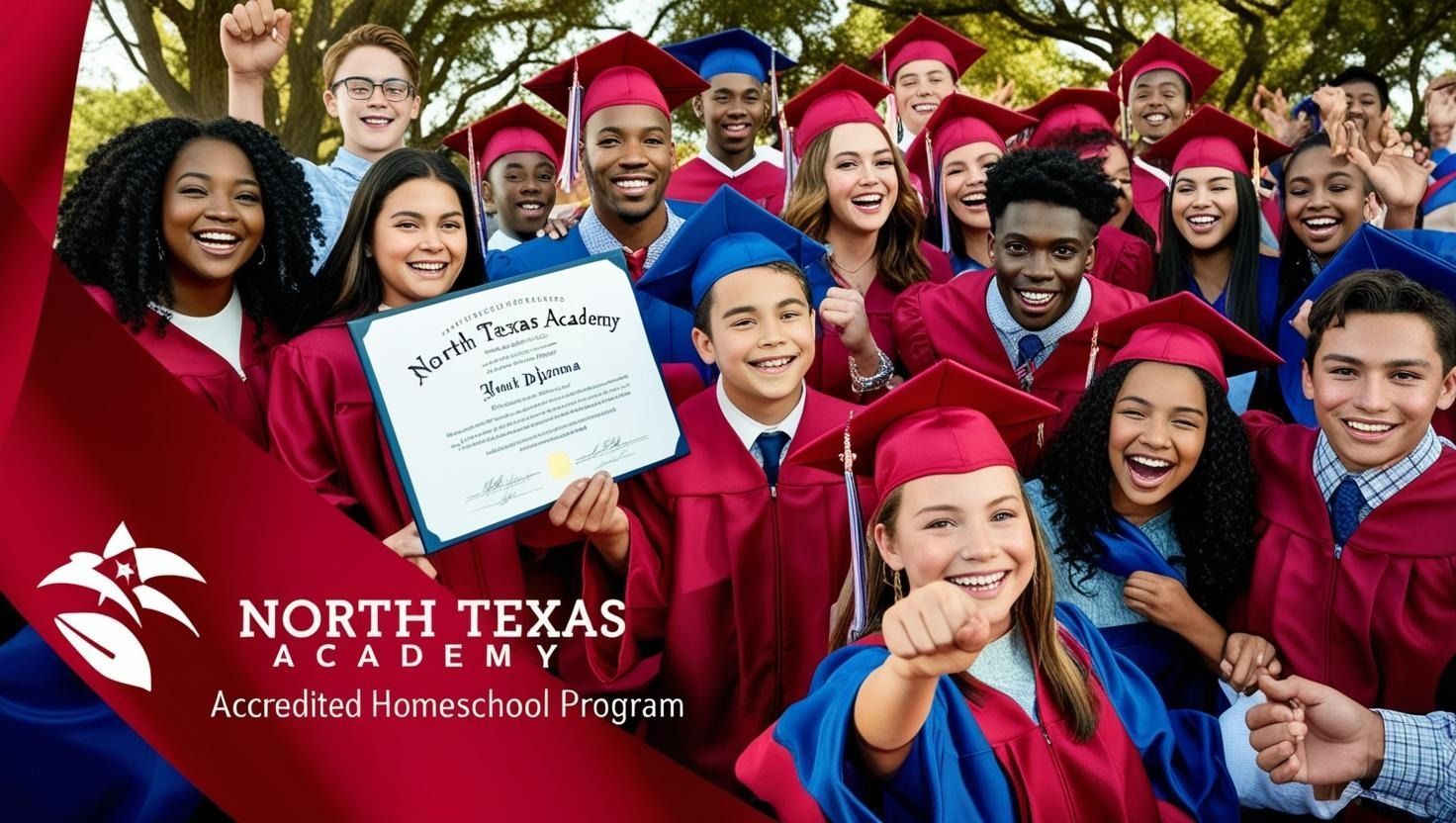 Graduates in maroon caps and gowns hold a diploma; North Texas Academy logo.