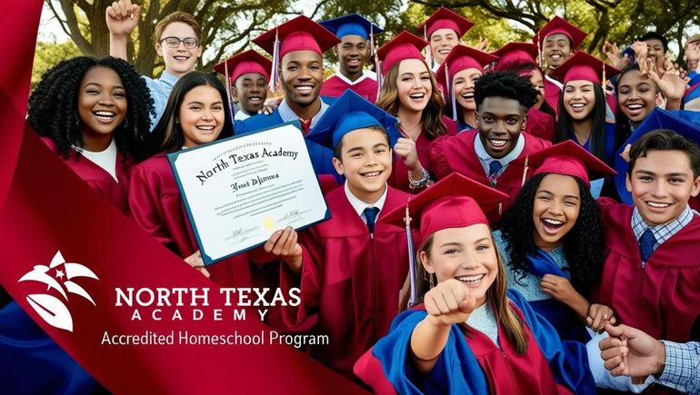 Graduates in maroon caps and gowns hold a diploma; North Texas Academy logo.