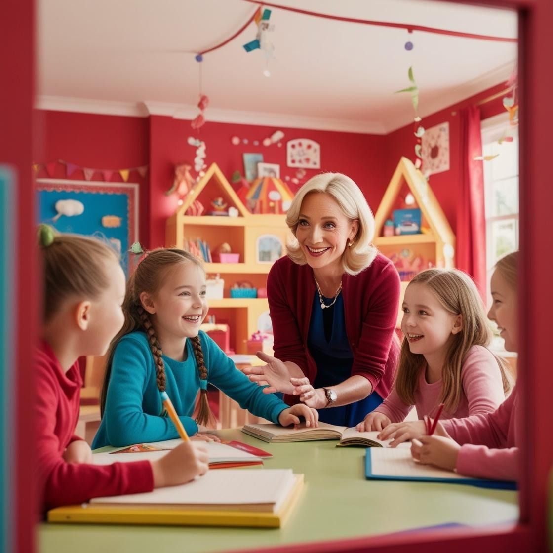 Teacher in red sweater smiles at children in a colorful classroom, looking at their work.