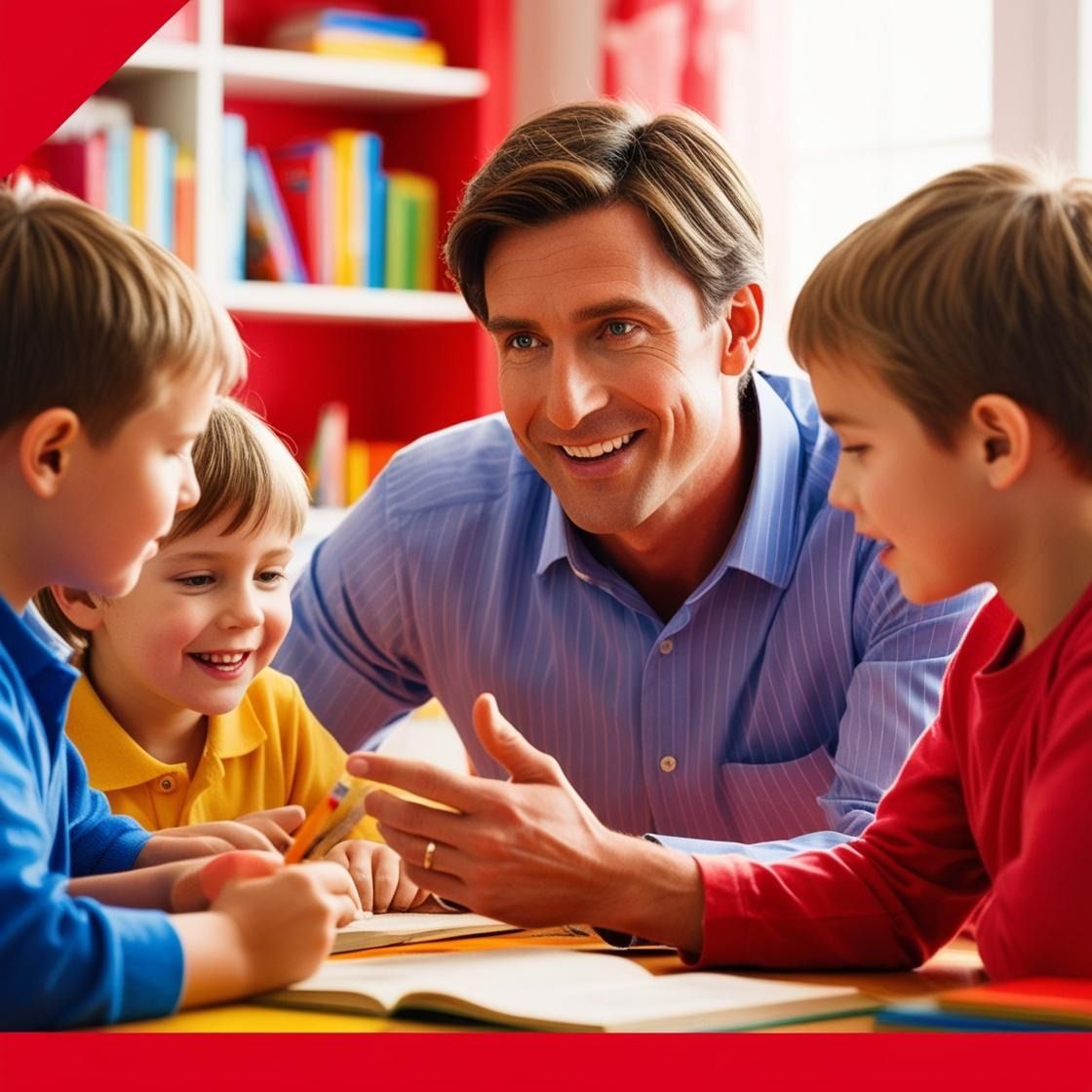 Male teacher smiling, teaching three young boys at a table in a classroom.