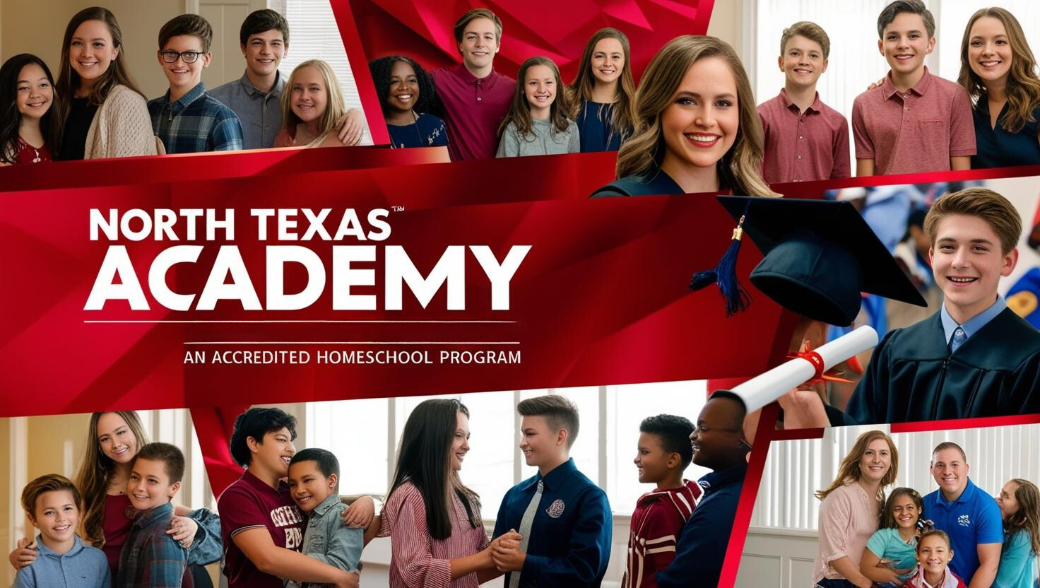 North Texas Academy advertisement: Students, graduation, red background, homeschool program.