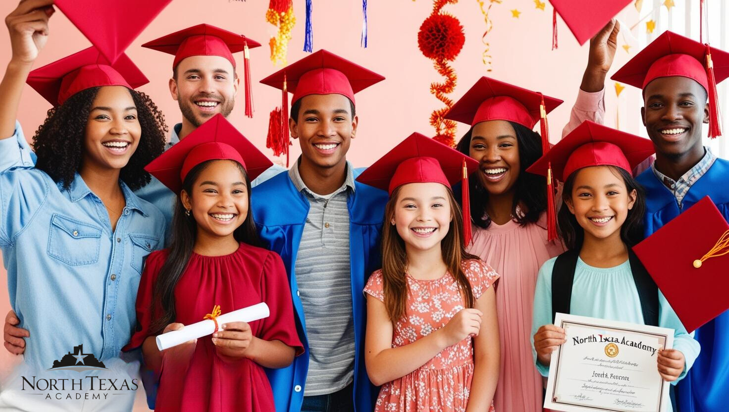Group of students and a man in graduation caps, smiling, celebrating.