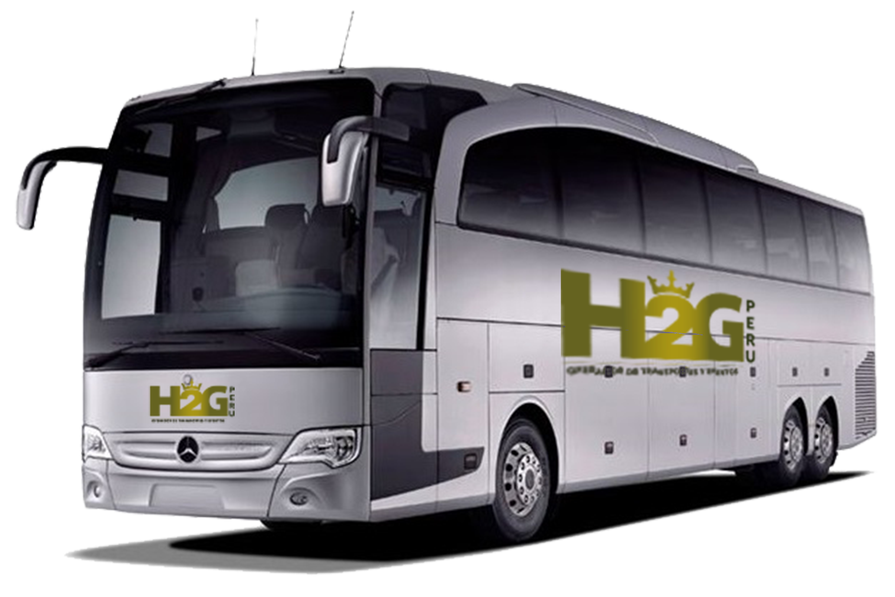 Autobús HÖG plateado con ventanas tintadas y compartimentos para equipaje sobre un fondo blanco.