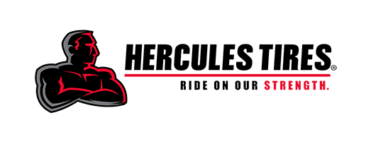Logo for Hercules Tires, featuring a muscular figure in red with a black outline, and the company name.