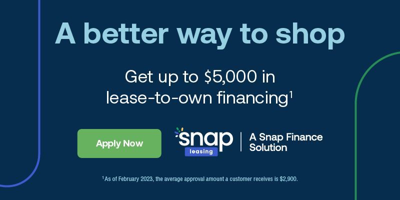 Blue promo banner: “A better way to shop” and “Get up to $5,000 in lease-to-own financing,” with Apply Now and Snap logos