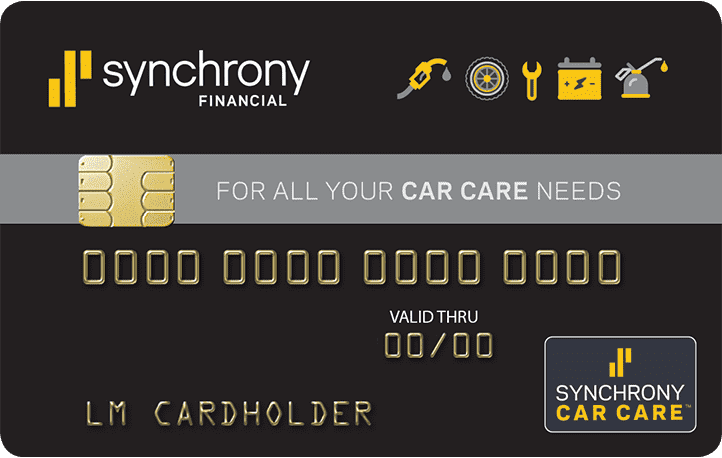 Synchrony Financial Car Care card with black and gold design and chip