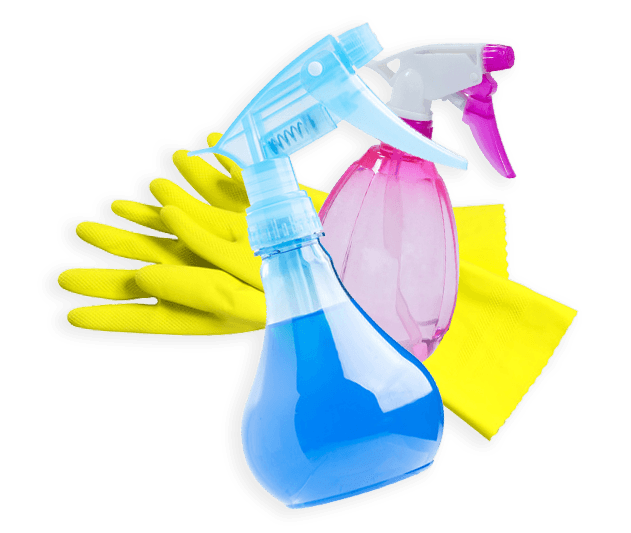 A spray bottle with blue liquid next to a pair of yellow gloves