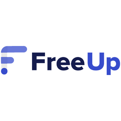 The free up logo is a blue and white logo on a white background.