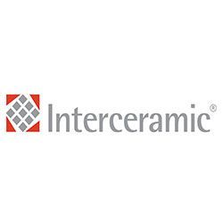 Interceramic logo: Red square with gray tile pattern, gray 