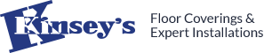 Logo: Kinsey's, blue and white with a crown symbol, offers floor coverings and expert installations.