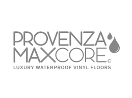 Logo for Provenza Maxcore luxury waterproof vinyl floors, with a water droplet graphic.