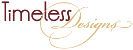 Timeless Designs logo with burgundy text and gold flourishes.