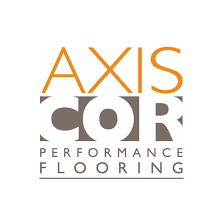 Logo for Axis Core Performance Flooring in orange, brown, and gray.