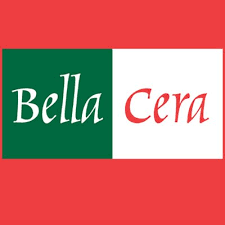 Bella Cera logo with text split on a green/white background, set on a red background.
