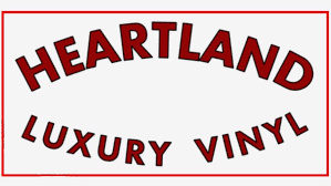 Heartland Luxury Vinyl logo in red text, curved on a white background with a red border.