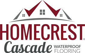 Logo for Homecrest Cascade Waterproof Flooring, with house graphic in red and gray.