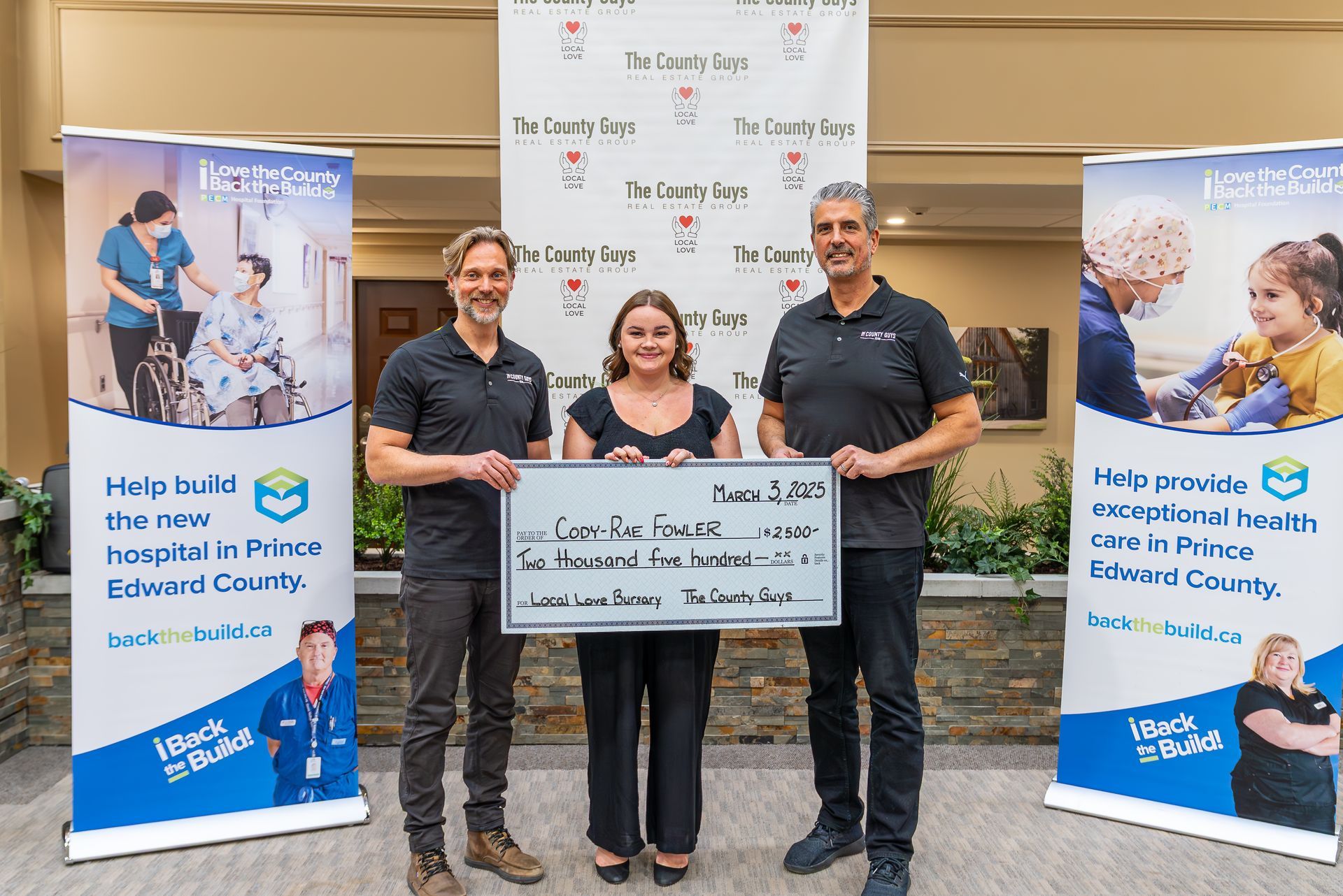 The County Guys pose with Cody-Rae Fowler, this year's bursary recipient.