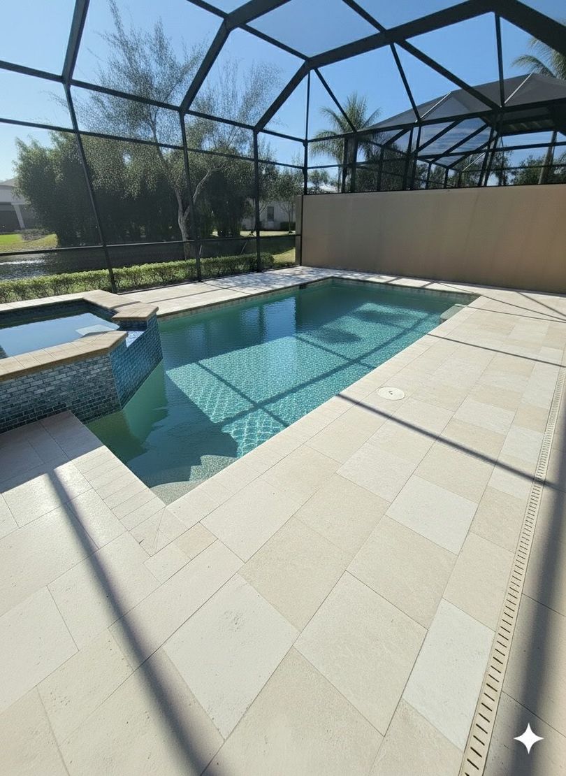 Pool and spa with light-colored tile surround, screened enclosure, and landscaping on a sunny day.
