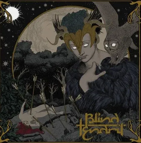 Illustration: figure with horned crown, owl, arrows in hand and ground, night sky.