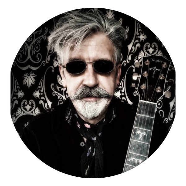 Man with sunglasses and gray beard holding a guitar, standing against a patterned backdrop.