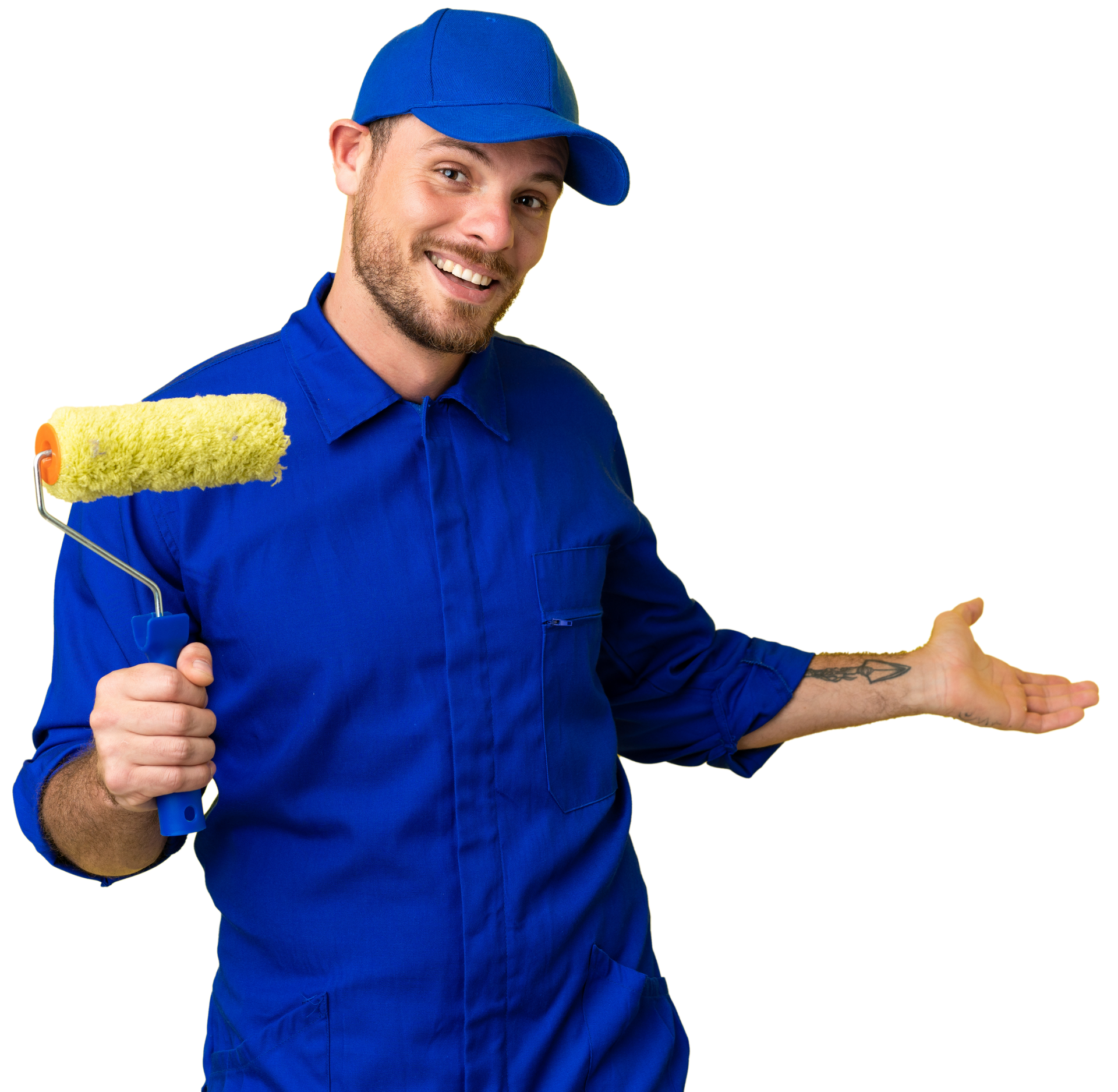 Painter Brazilian man isolated on yellow background extending hands to the side for inviting to come.