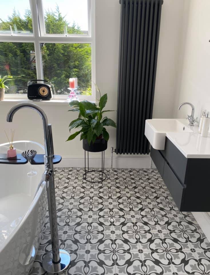 Image Of Luxury Bathroom Suite With Granite Floor Tiles White Ceramic Sink  Wc To Washroom With Stainless Steel Victorian Mixer Tap And Shower Plumbing  Artificial Trailing Plants Tiled Floor Flooring Stock Photo -