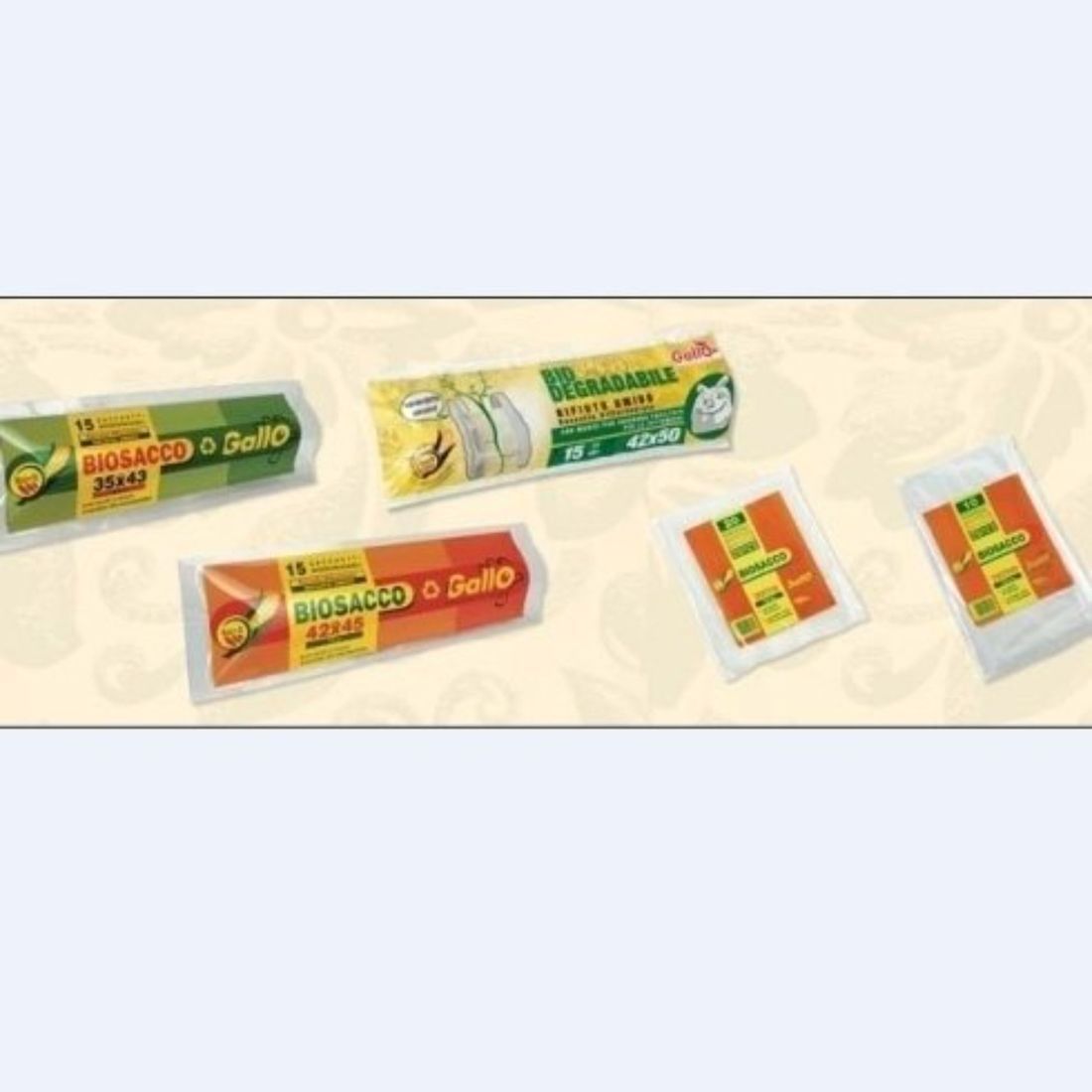 Confezioni di vari sacchetti BioSacco, con imballaggio verde, arancione e bianco.