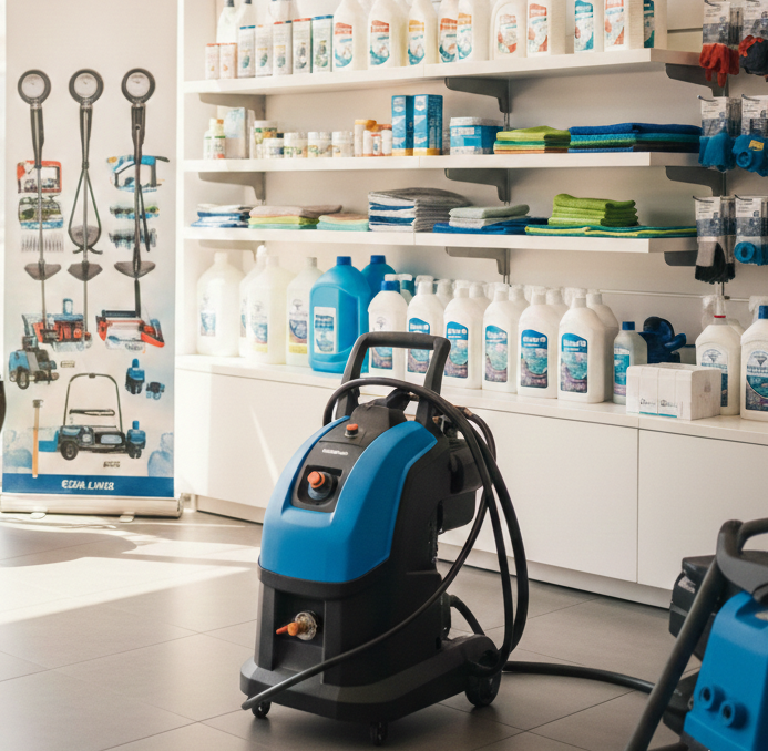 Un pulitore a vapore blu e nero in un negozio con prodotti per la pulizia sugli scaffali e un banner.