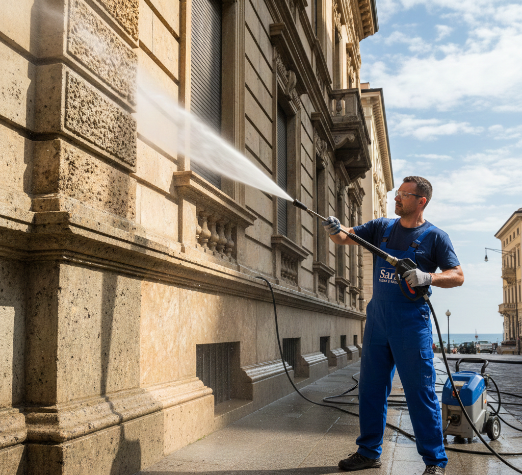 Un uomo in tuta blu lava a pressione l'esterno di un edificio. La luce del sole illumina la facciata in pietra e la strada acciottolata.