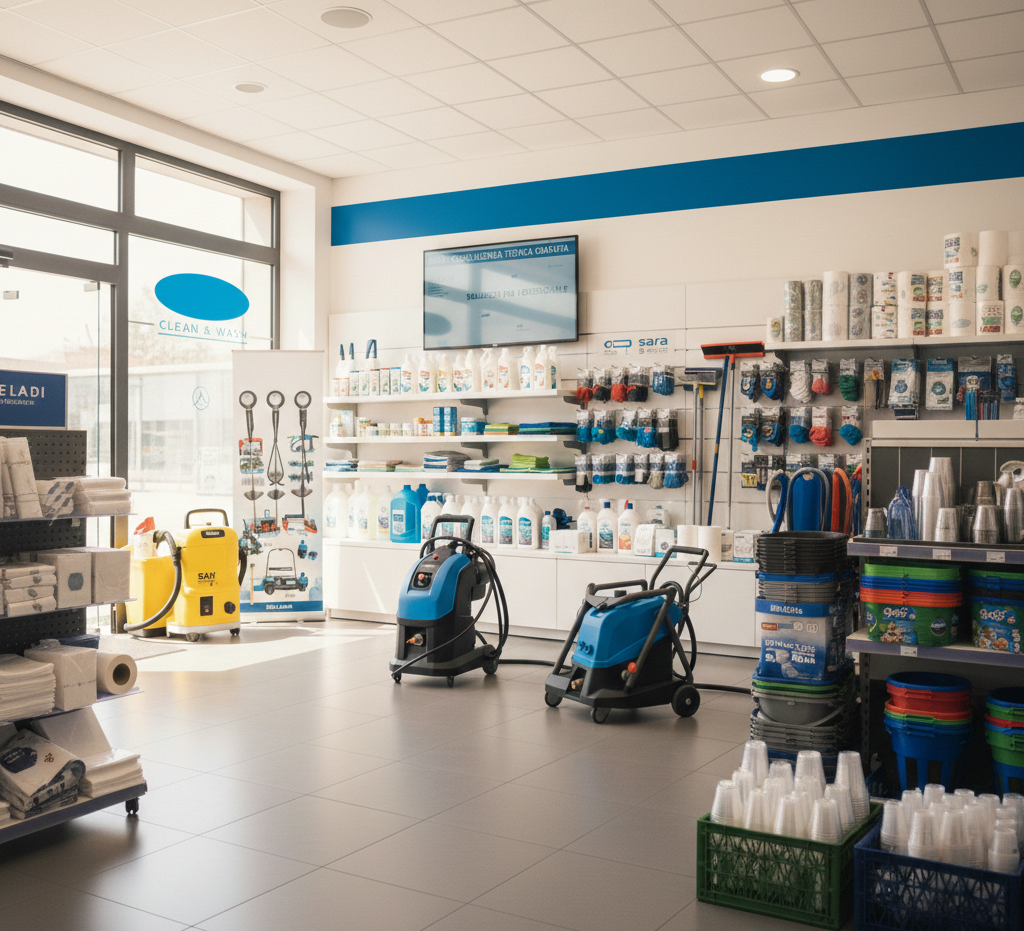 All'interno di un negozio di prodotti per la pulizia; arredamento blu e bianco con attrezzature e prodotti in esposizione.