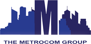 The metrocom group logo with a city skyline in the background