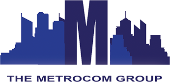 The metrocom group logo with a city skyline in the background